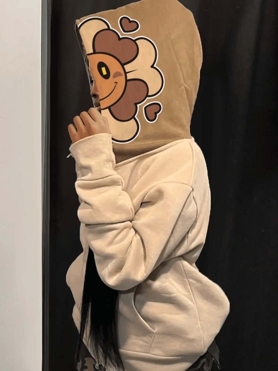 LW Cartoon Letter Print Kangaroo Pocket Jacket