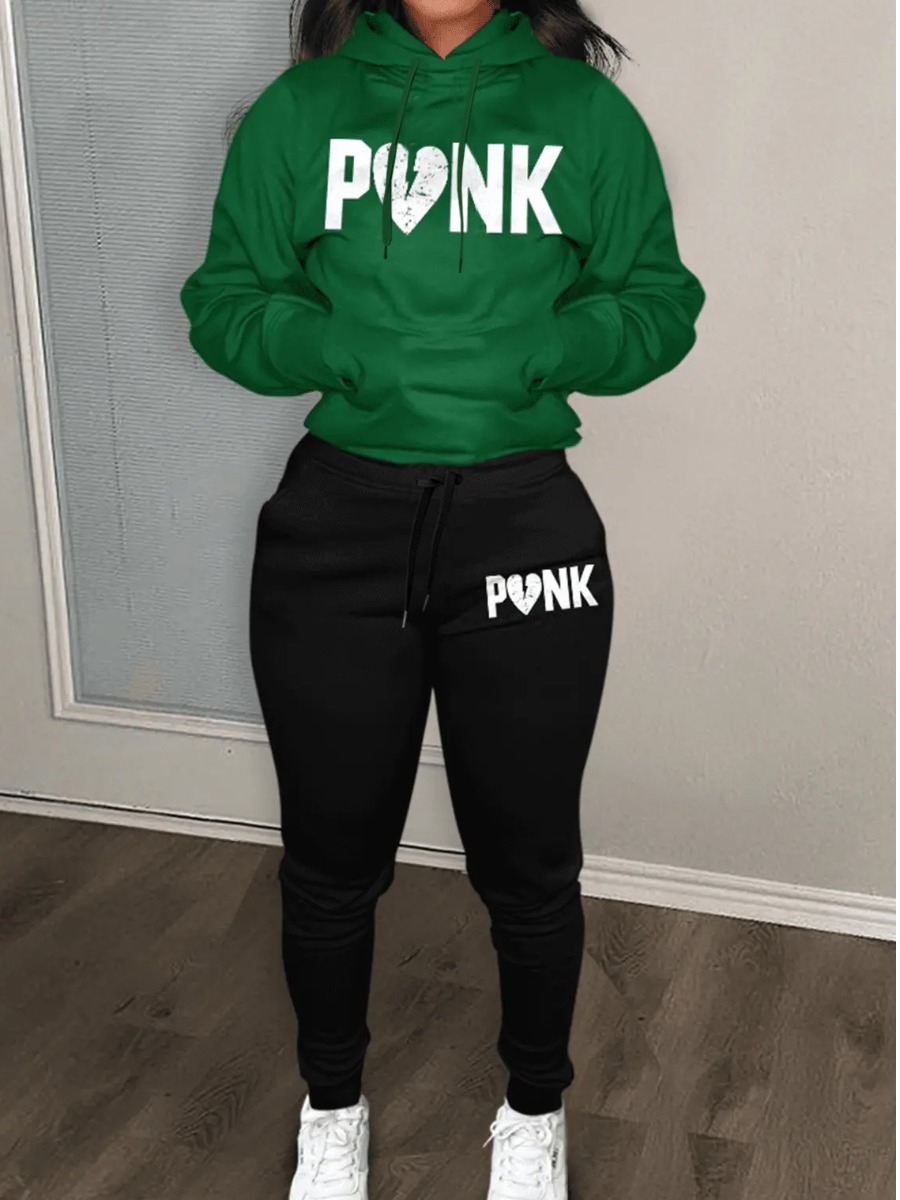 LW Heart Letter Print Kangaroo Pocket Tracksuit Set