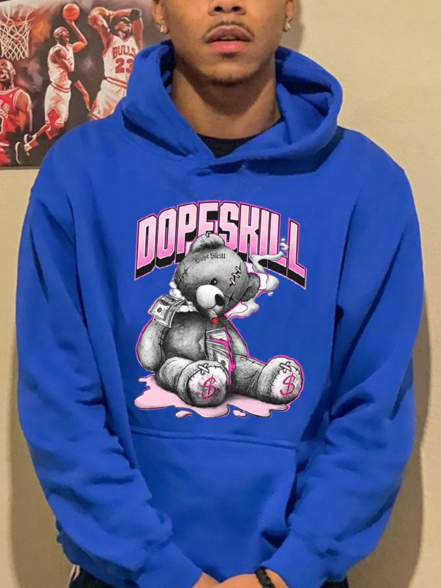 LW Men Teddy Bear Letter Print Kangaroo Pocket Hoodie