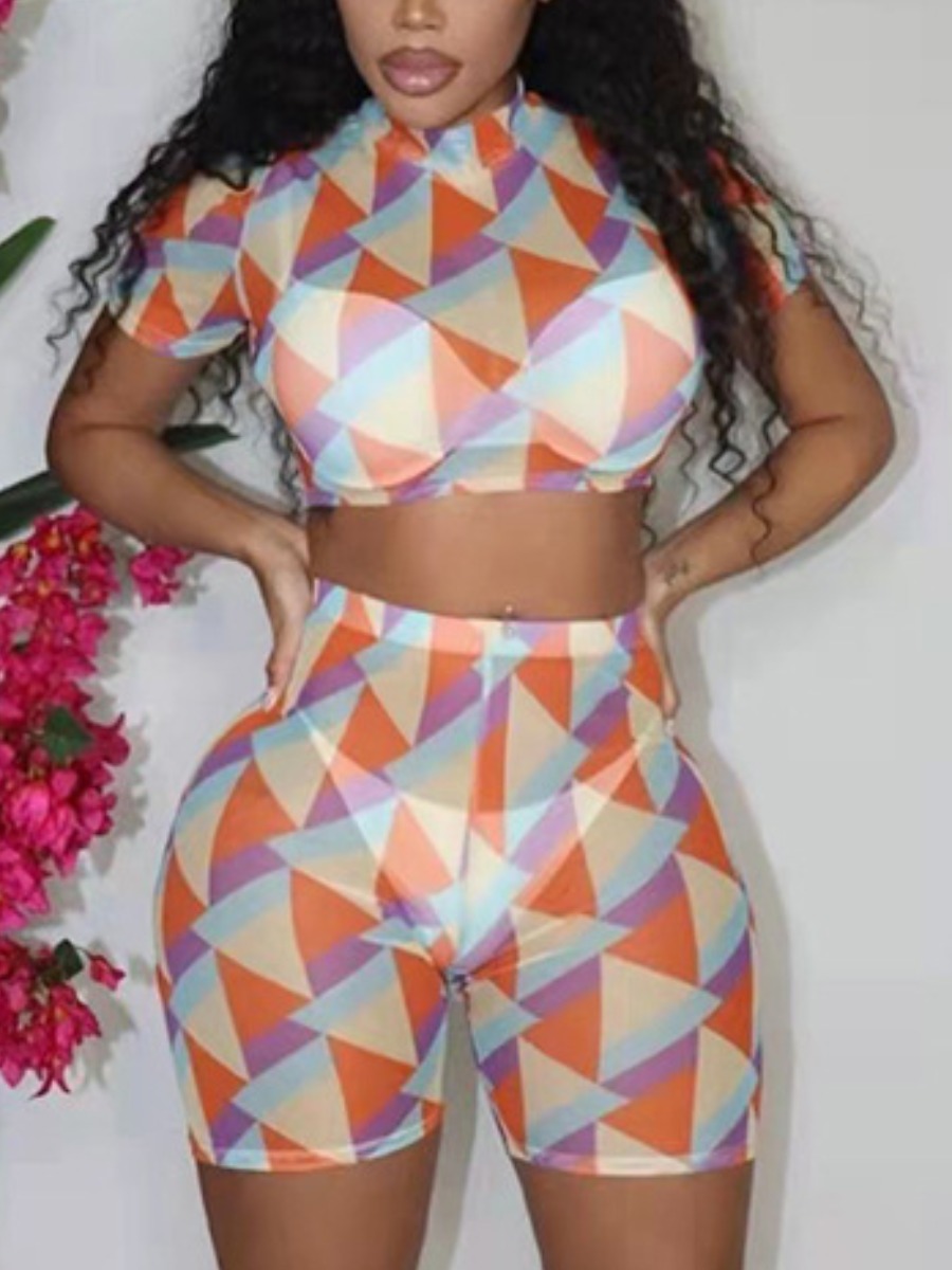 LW Crop Top Geometric Print See Through Shorts Set