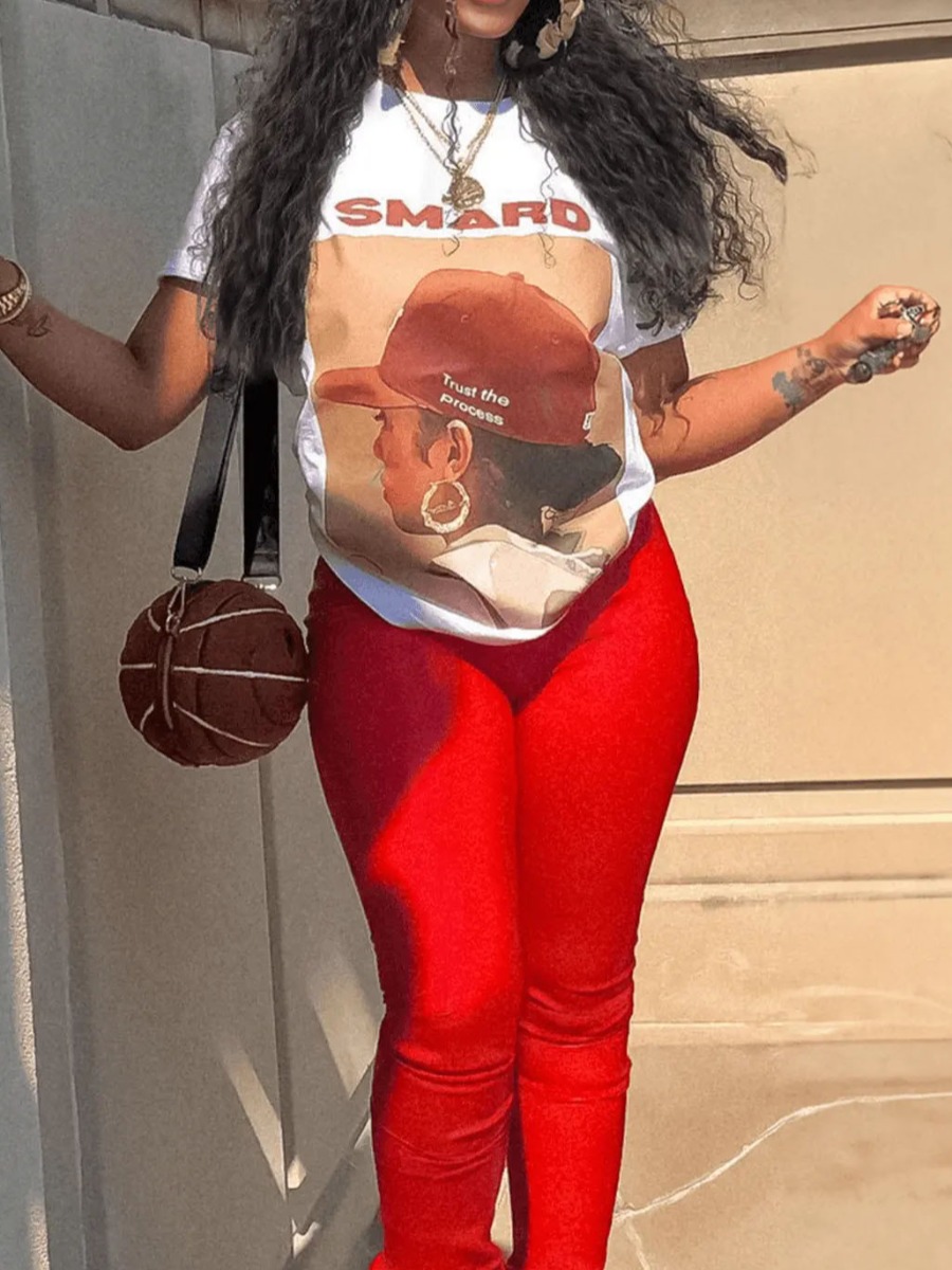 LovelyWholesale Plus Size Figure Letter Print Pants Set Spring Short Sleeve Casual Pattern Round Neck  5X Spring Summer 2024