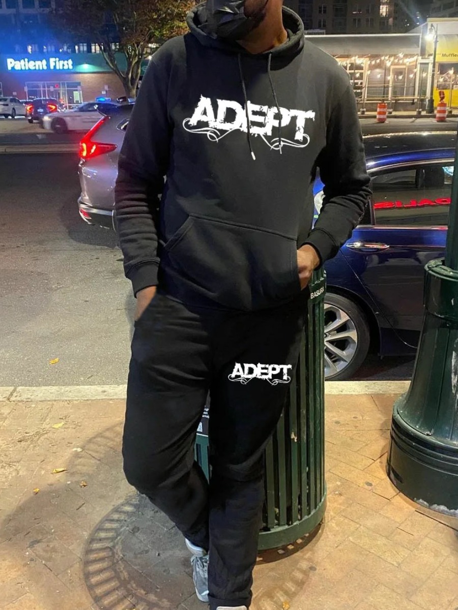 LW Men Letter Print Kangaroo Pocket Tracksuit Set