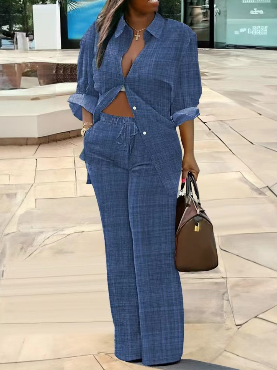 LW Plus Size Shirt Drawstring Wide Leg Pants Set