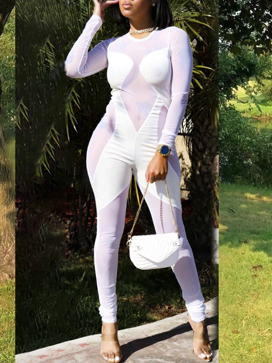 LovelyWholesale SXY See Through Zipper Design Jumpsuit Fall Long Sleeve Sxy Patchwork Round Neck Spring Summer 2024
