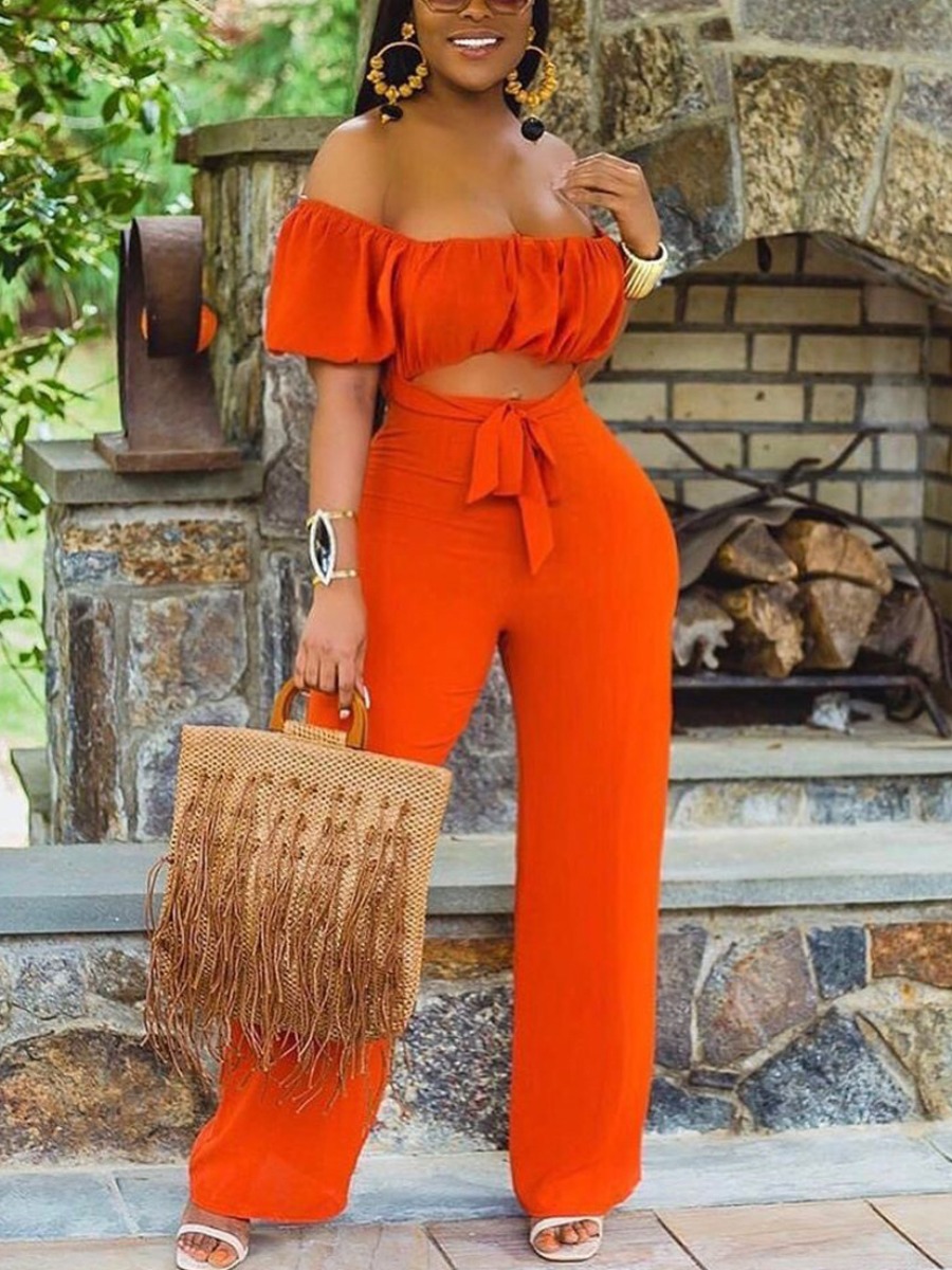 LW Off The Shoulder Crop Top Bandage Design High Waist Jumpsuit