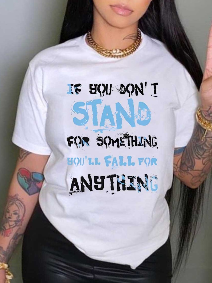 LovelyWholesale Plus Size Round Neck Letter Print T-shirt Summer Short Sleeve Casual Pattern Round Neck  5X Spring Summer 2024