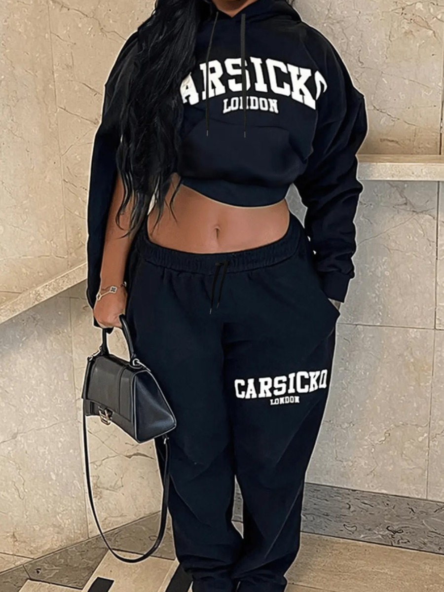 LW Plus Size Letter Print Kangaroo Pocket Tracksuit Set