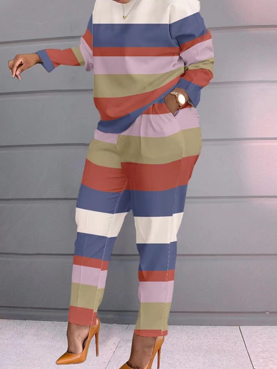 LW Plus Size Pocket Design Striped Patchwork Pants Set
