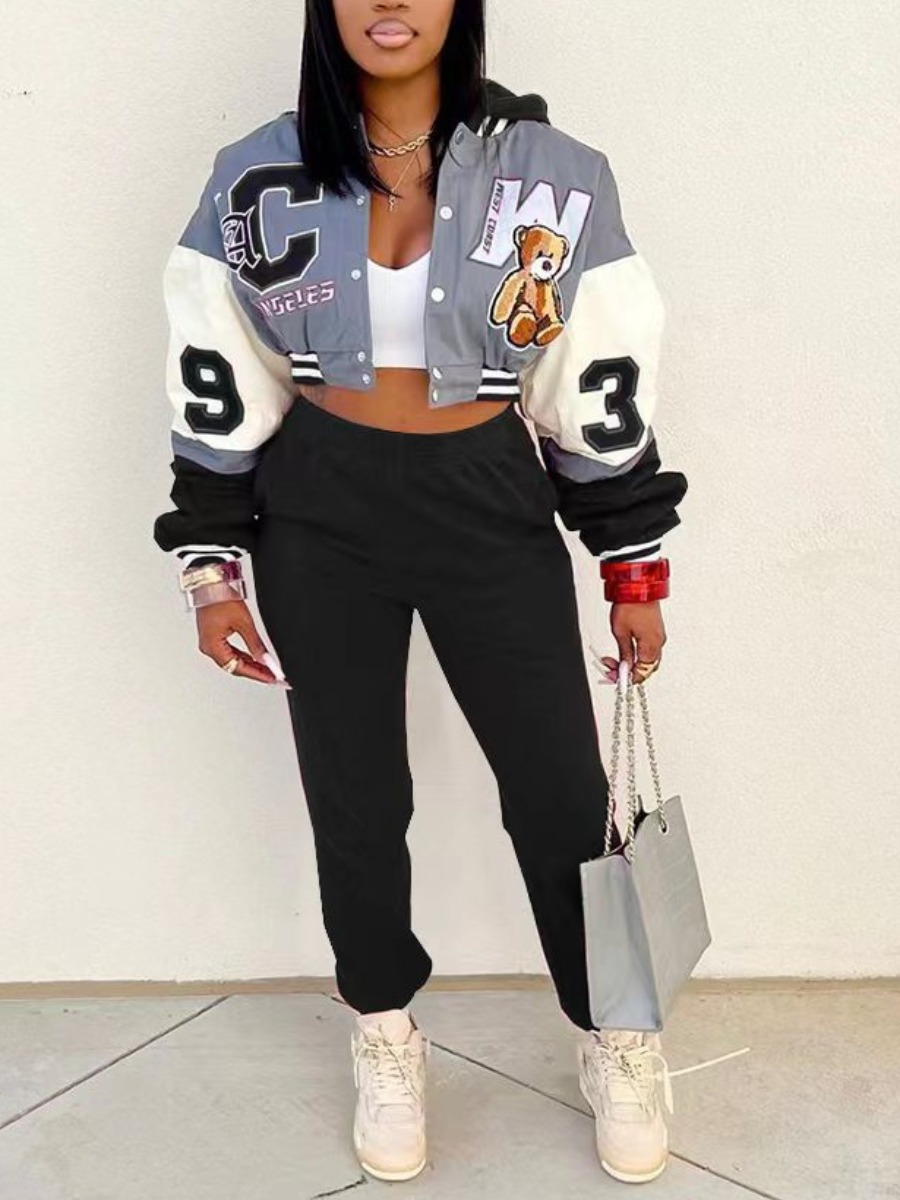 LW Plus Size Crop Top Teddy Bear Letter Decor Pants Set