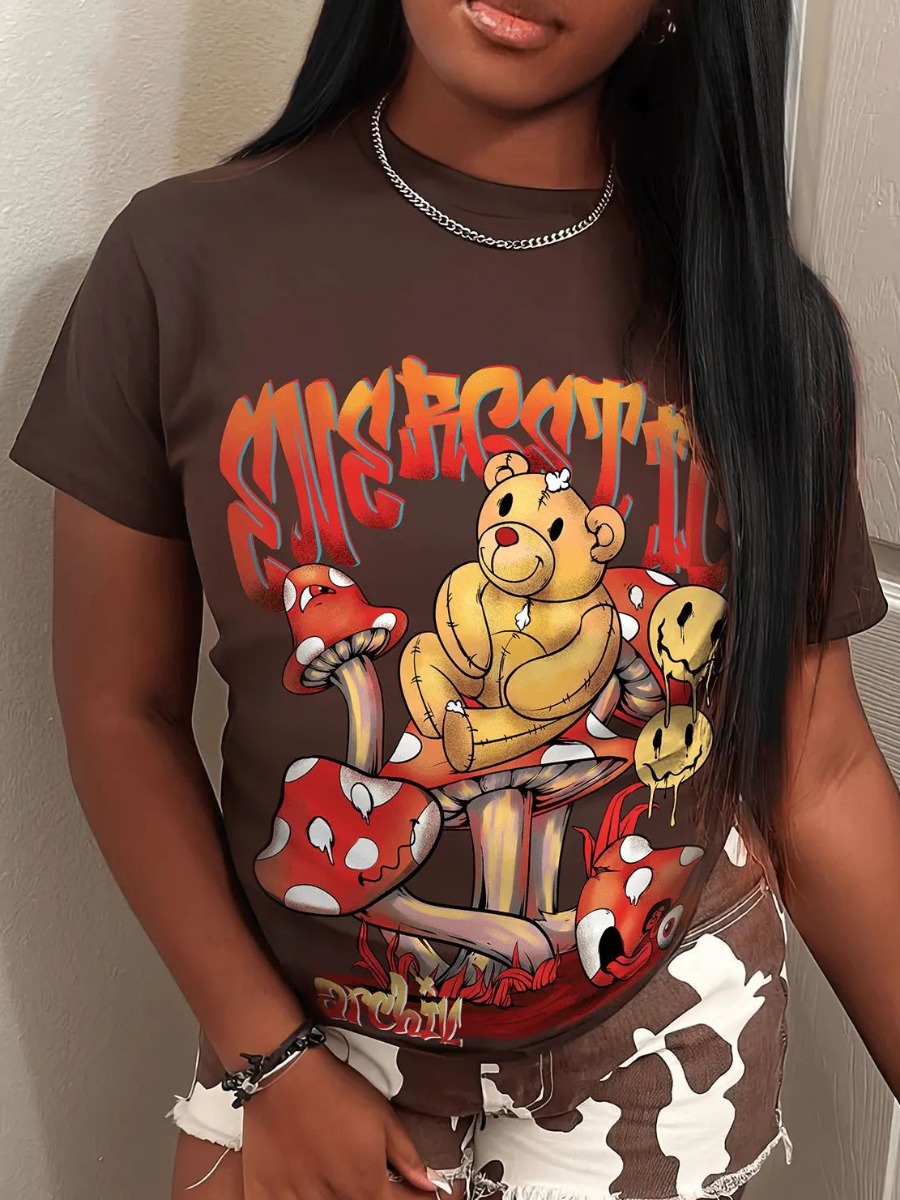 LovelyWholesale COTTON Gradient Teddy Bear Letter Print T-shirt Summer Short Sleeve Casual Pattern Round Neck Spring Summer 2024