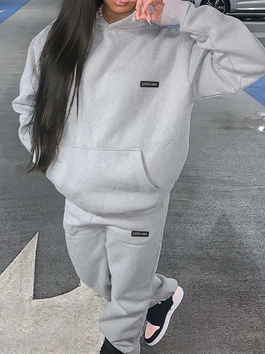 LW Plus Size Letter Print Kangaroo Pocket Tracksuit Set