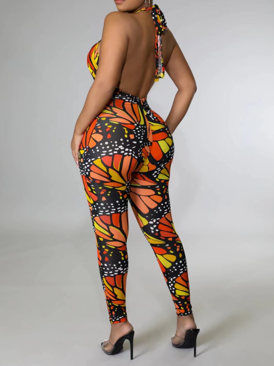 LW Mixed Print Bandage Design Backless Jumpsuit