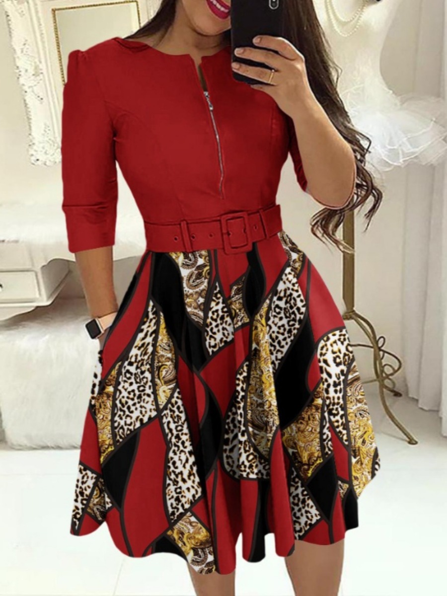 LW Plus Size Leopard Print Belt Design A Line Dress