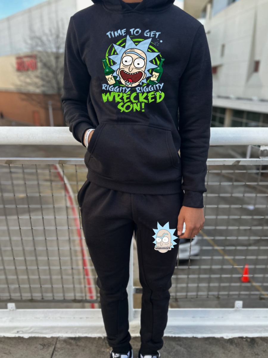 LW Men Cartoon Letter Print Kangaroo Pocket Tracksuit Set