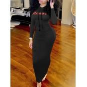 LW Hooded Collar Letter Print Bodycon Dress