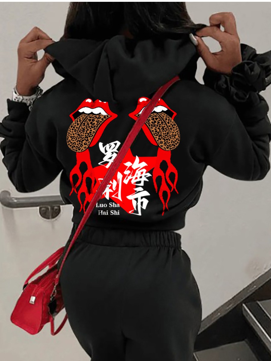 LovelyWholesale Plus Size Lip Letter Print Hoodie Fall Long Sleeve Casual Pattern Hooded Collar  5X Spring Summer 2024