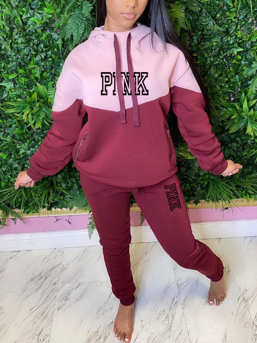 LW Plus Size Pink Letter Print Patchwork Tracksuit Set