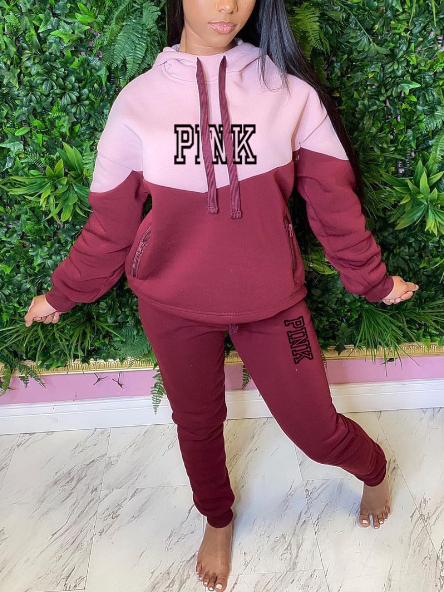 LW Plus Size Pink Letter Print Patchwork Tracksuit