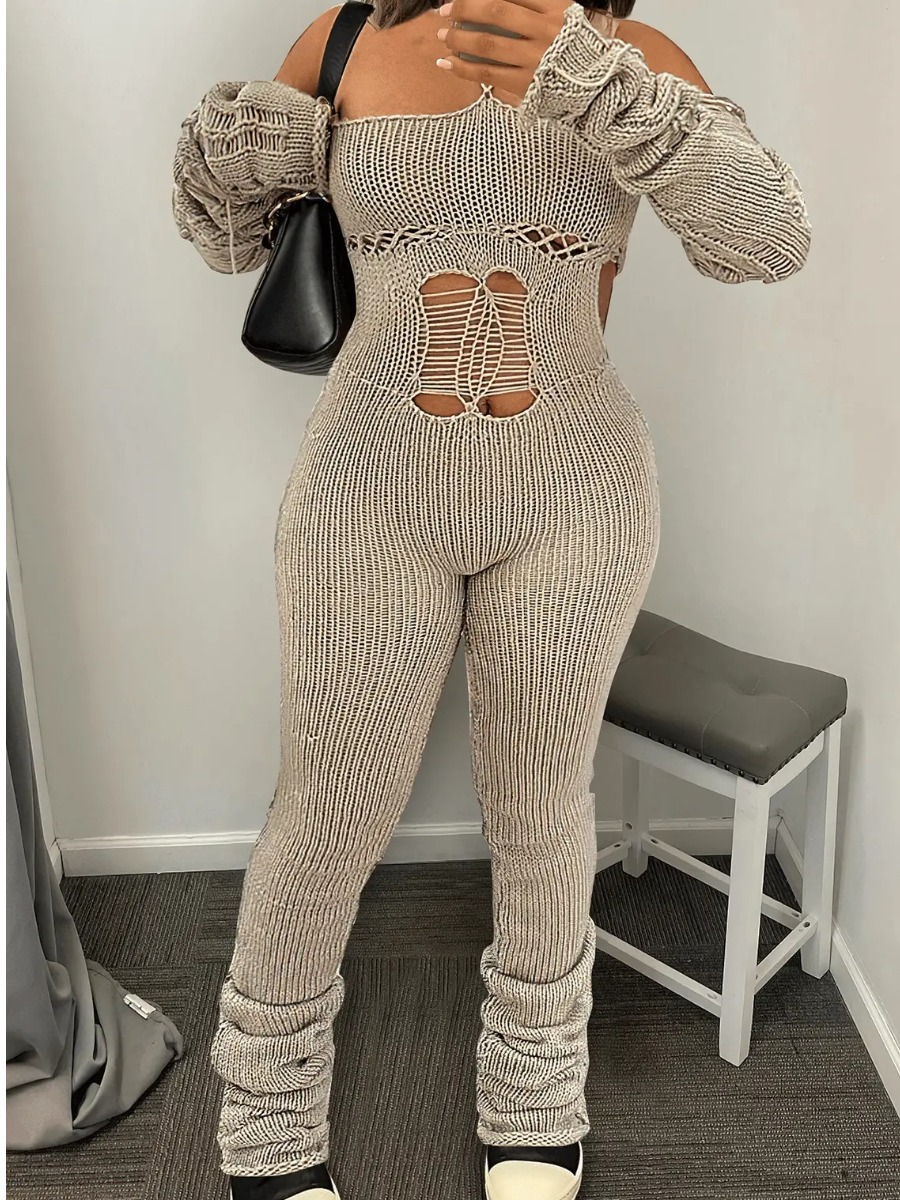 LovelyWholesale SXY Bandage Design Backless Knit Skinny Jumpsuit Fall Long Sleeve Sxy Halter Spring Summer 2024