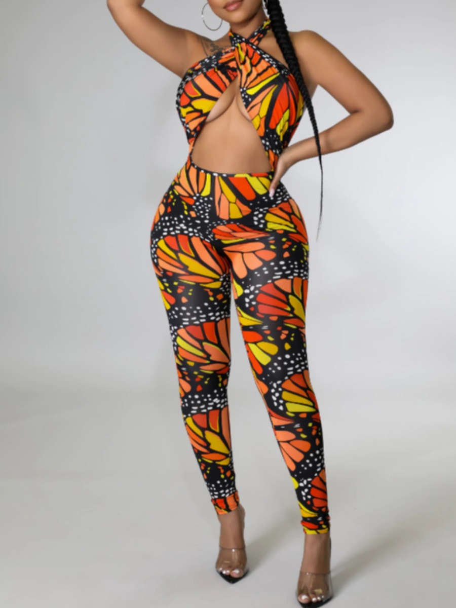 LW Mixed Print Bandage Design Backless Jumpsuit