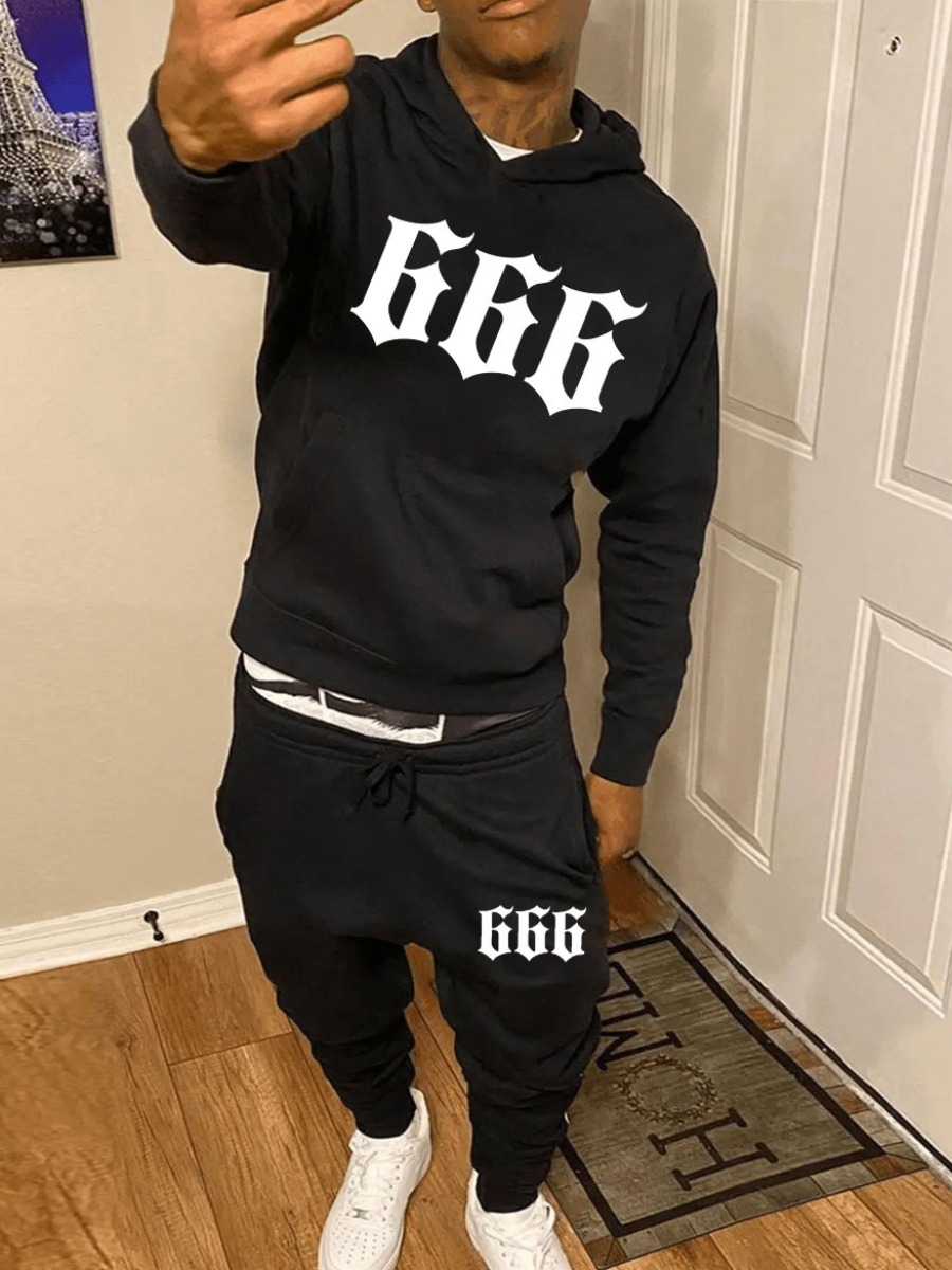 LW Men Letter Print Kangaroo Pocket Tracksuit Set