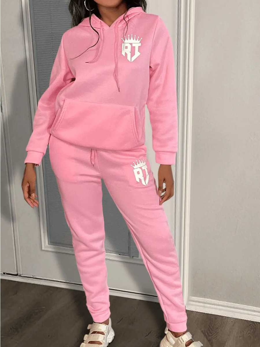 LW Crown Letter Print Kangaroo Pocket Tracksuit Set
