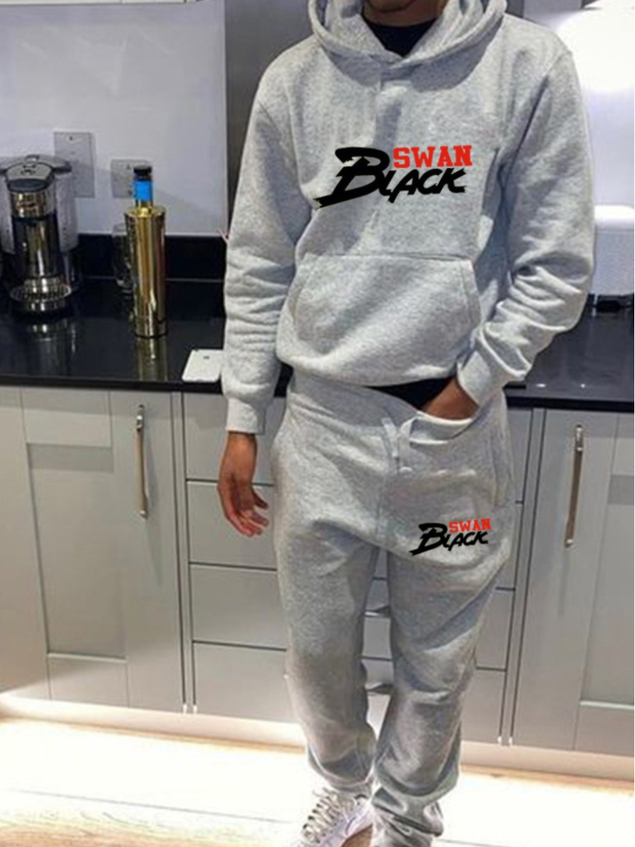 LW Men Letter Print Kangaroo Pocket Tracksuit Set