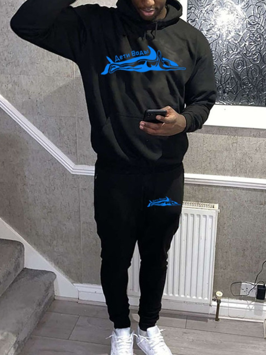 LW Men Letter Print Kangaroo Pocket Tracksuit Set