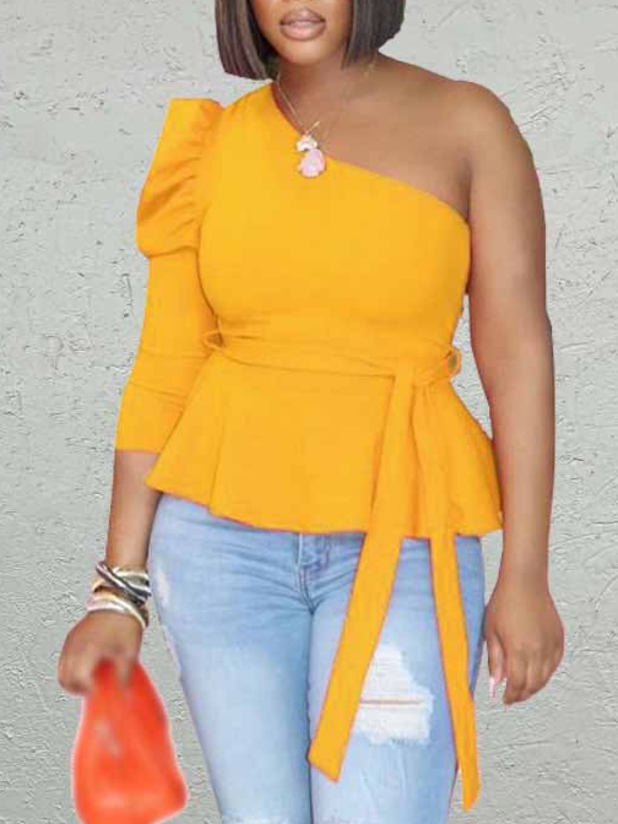 LW Plus Size One Shoulder Ruffle Bandage Design T-shirt