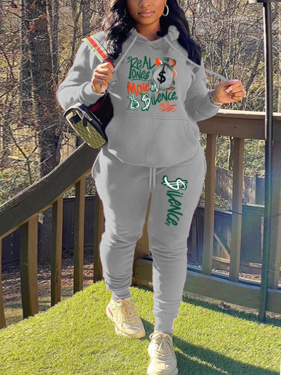 LW Plus Size Letter Print Kangaroo Pocket Tracksuit Set