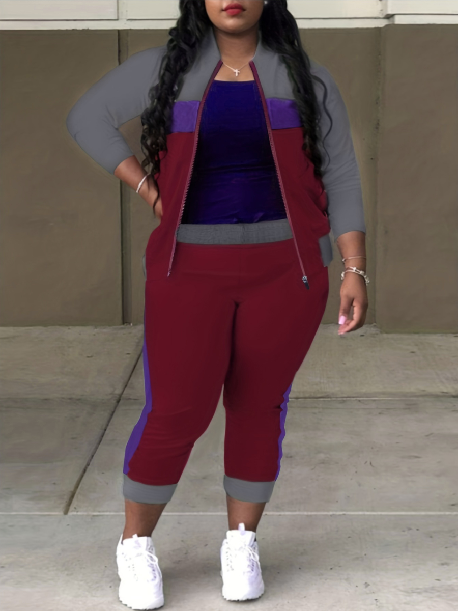 LW BASICS Plus Size Color Lump Patchwork Pants Set