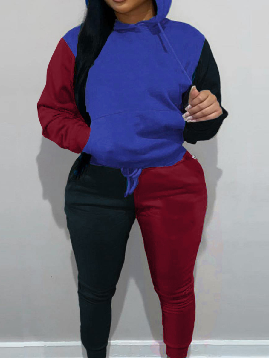 LW Plus Size Patchwork Kangaroo Pocket Tracksuit Set