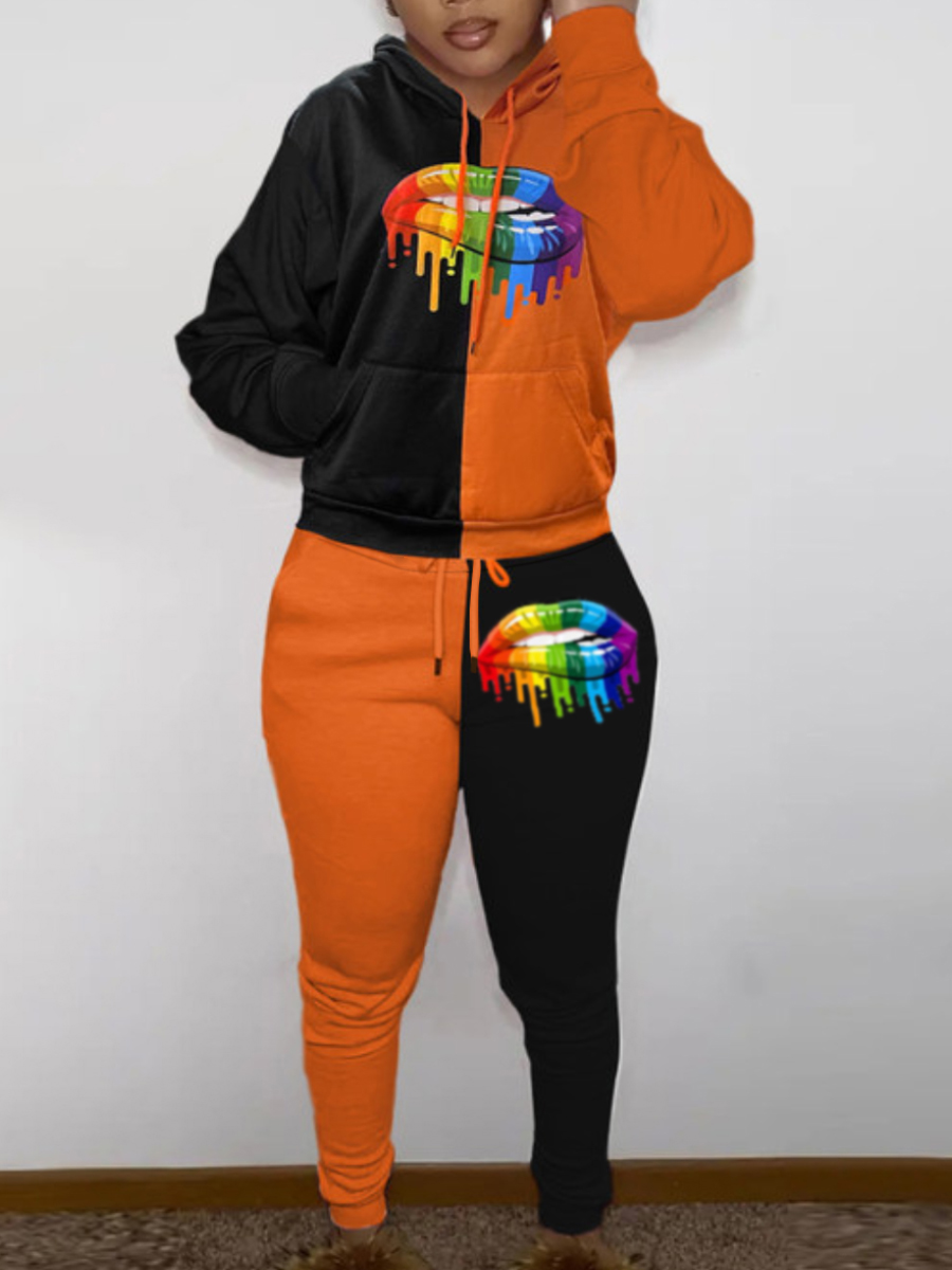 LW Lip Print Kangaroo Pocket Tracksuit Set
