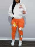 LW Cartoon Letter Print Kangaroo Pocket Tracksuit Set