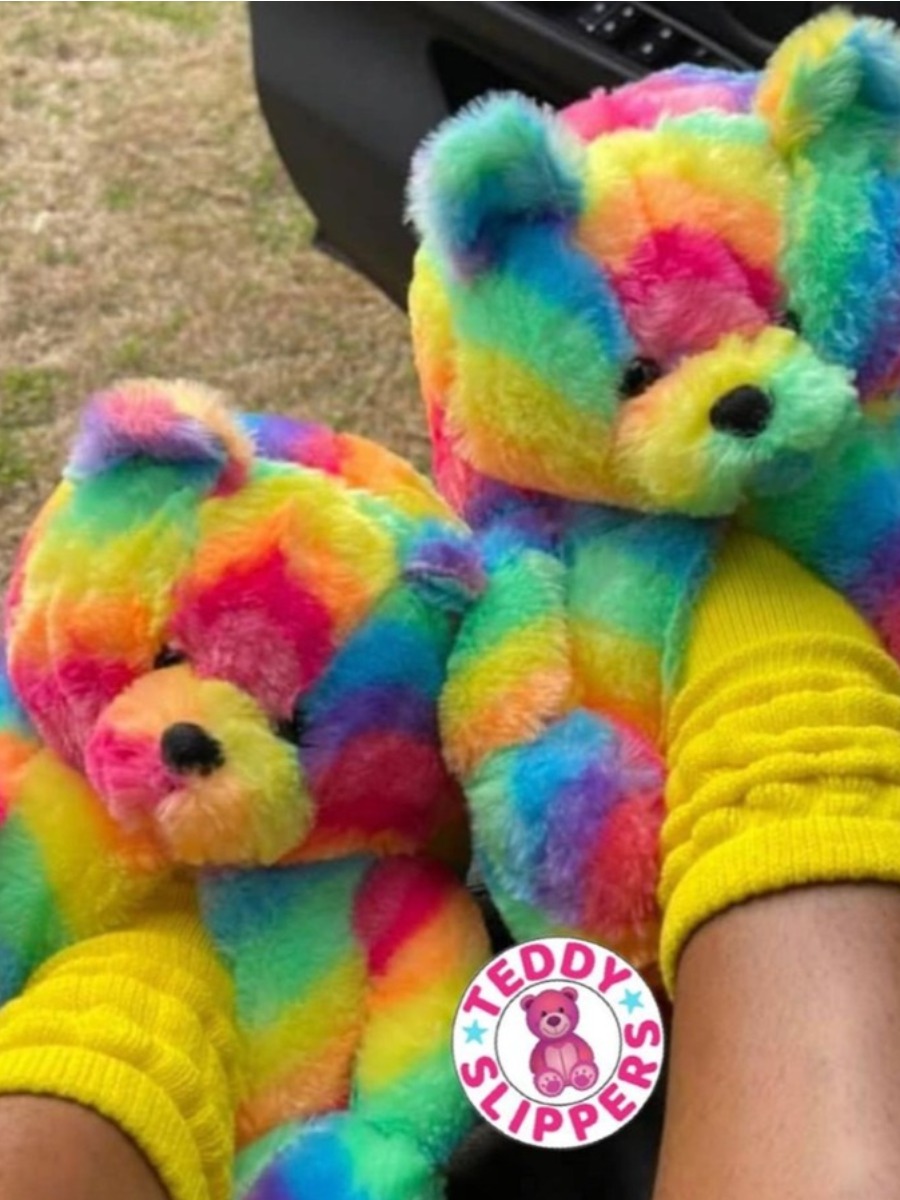 LW Mixed Print Plush Bear Design Slippers