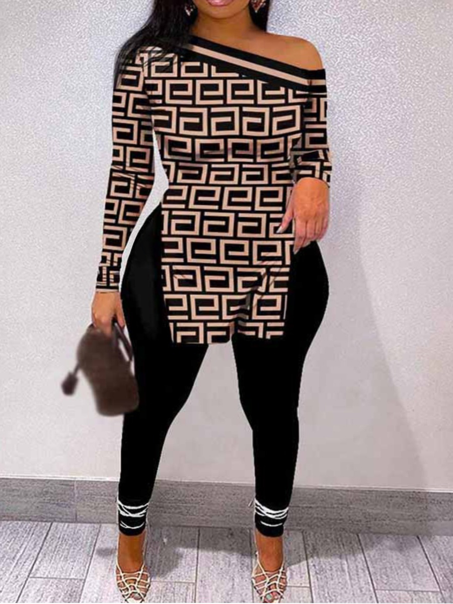 LW Plus Size Geometric Print Striped Side Split Pants Set