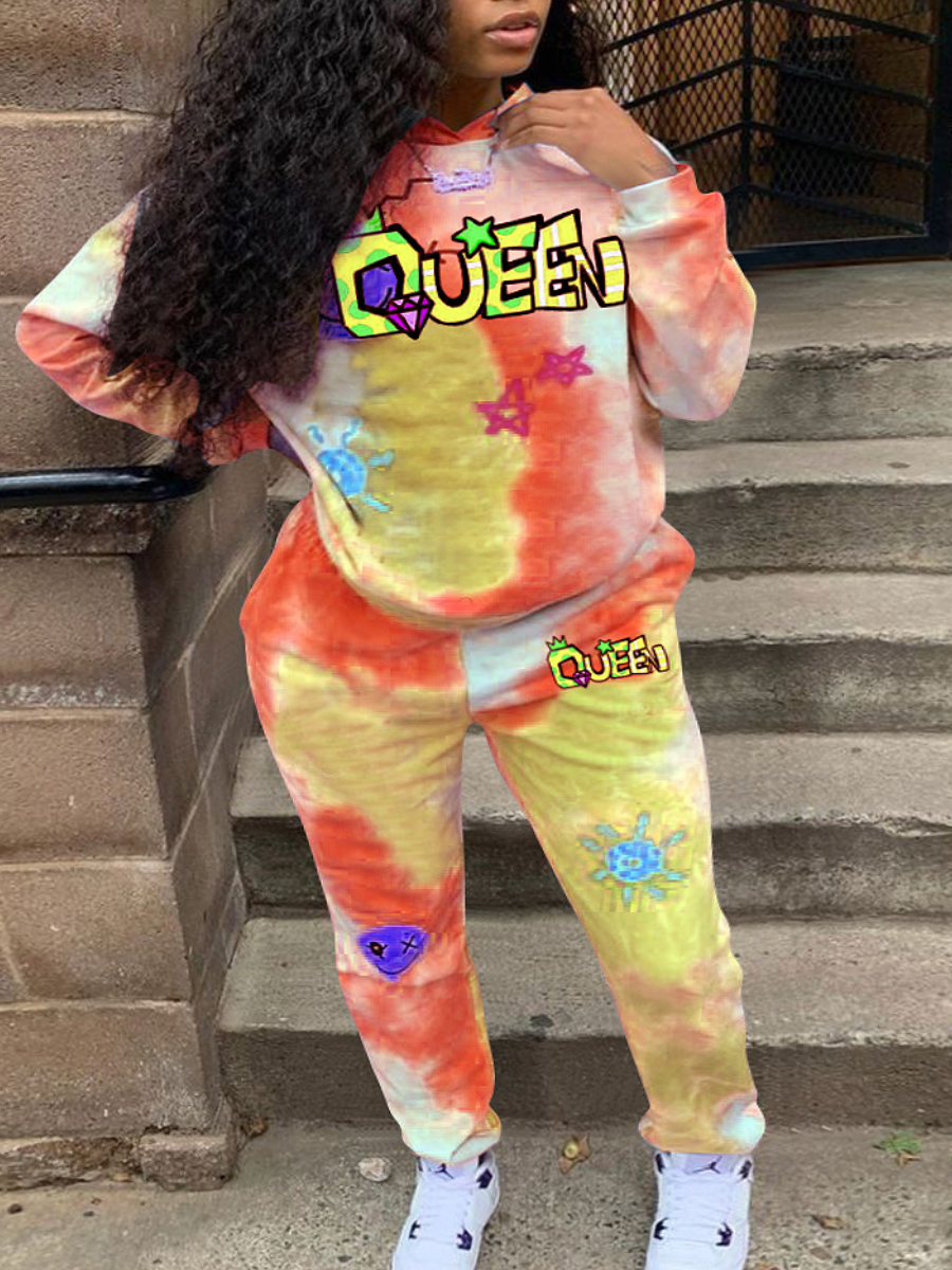 LW Plus Size Queen Star Letter Print Tie Dye Tracksuit Set