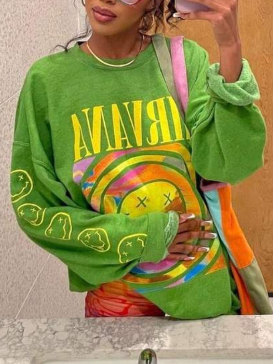 LW Cartoon Letter Print Loose Sweatshirt