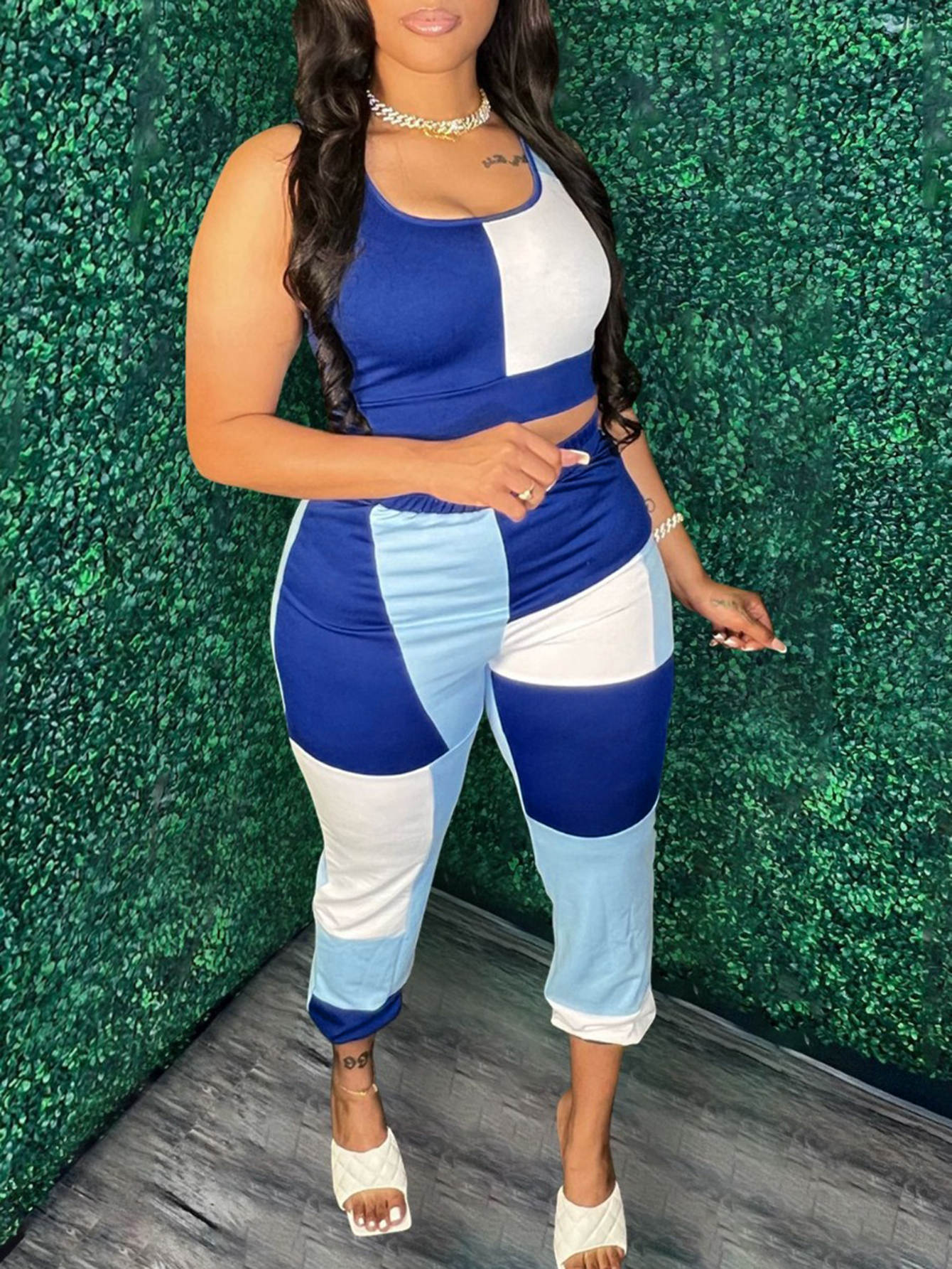 LW Crop Top Color Lump Patchwork Pants Set