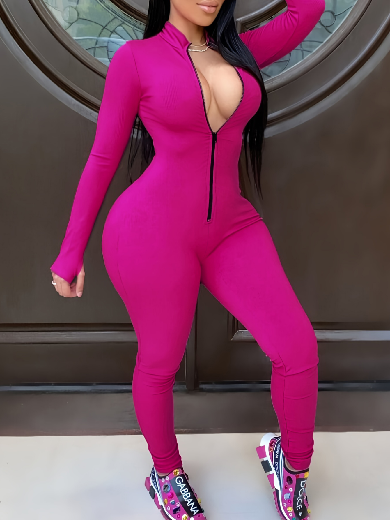 LovelyWholesale Plus Size Sportswear Zipper Design Jumpsuit Fall Long Sleeve Casual Zipper Design Mandarin Collar  3X Spring Summer 2024