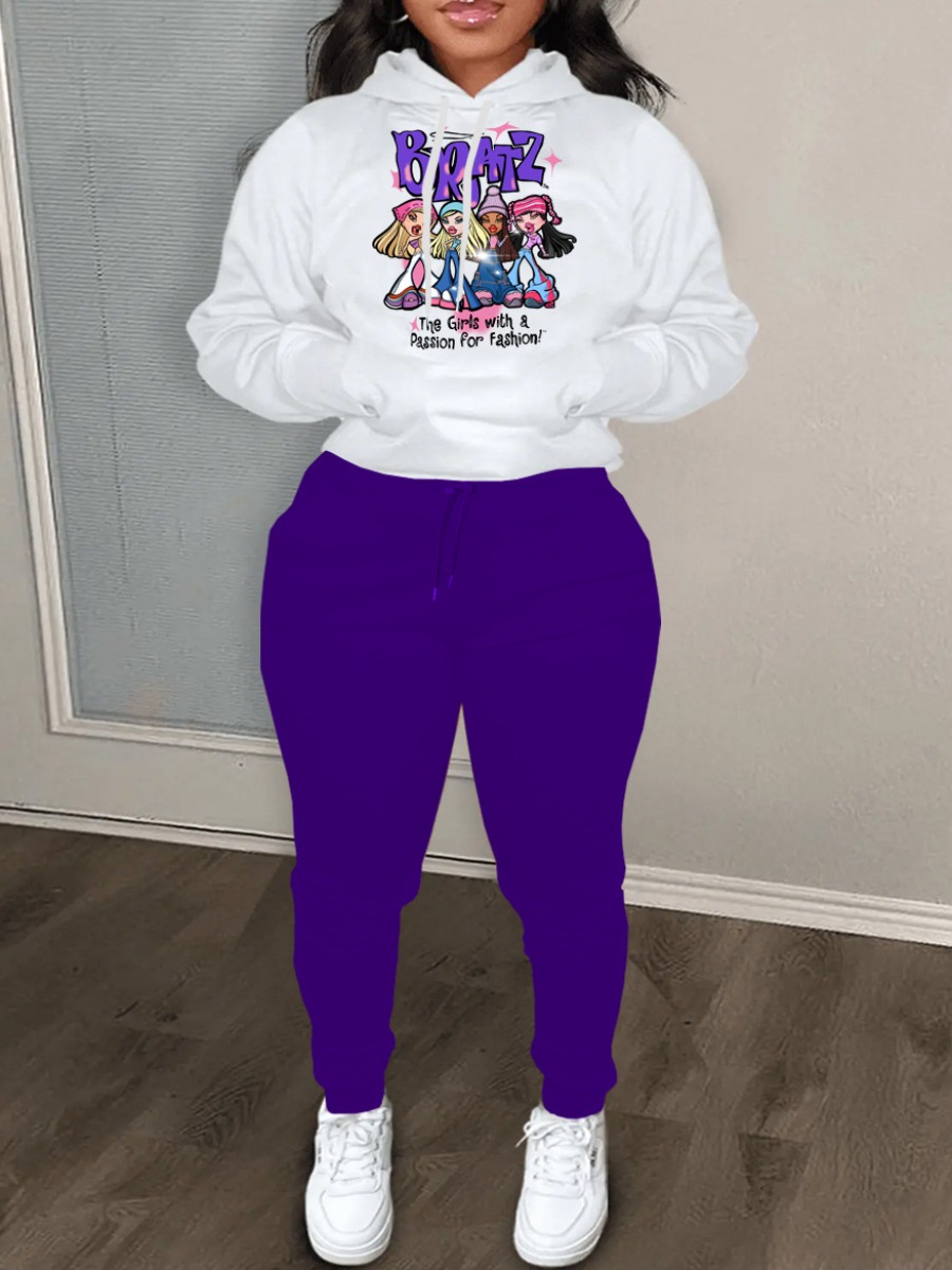LW Plus Size Cartoon Letter Print Kangaroo Pocket Tracksuit Set