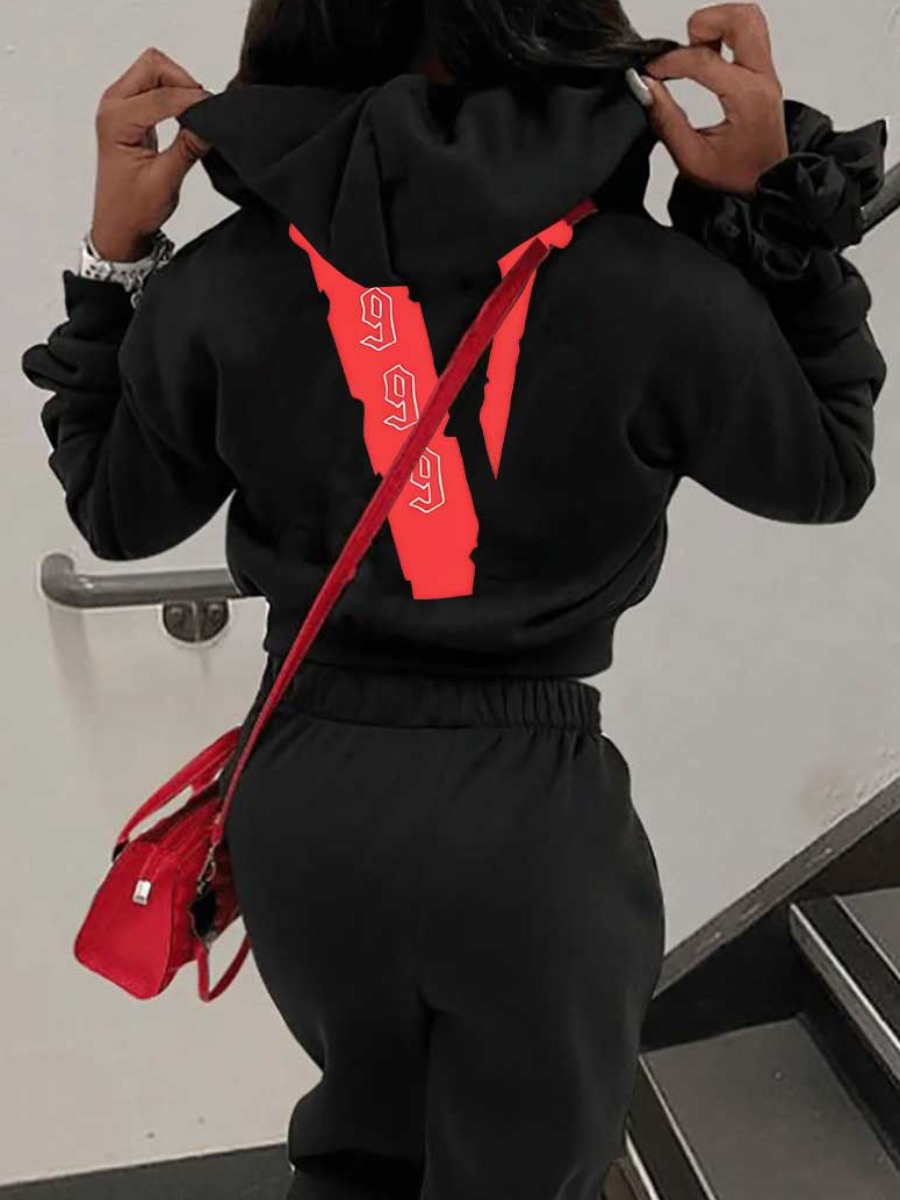 LW Figure Letter Print Kangaroo Pocket Hoodie
