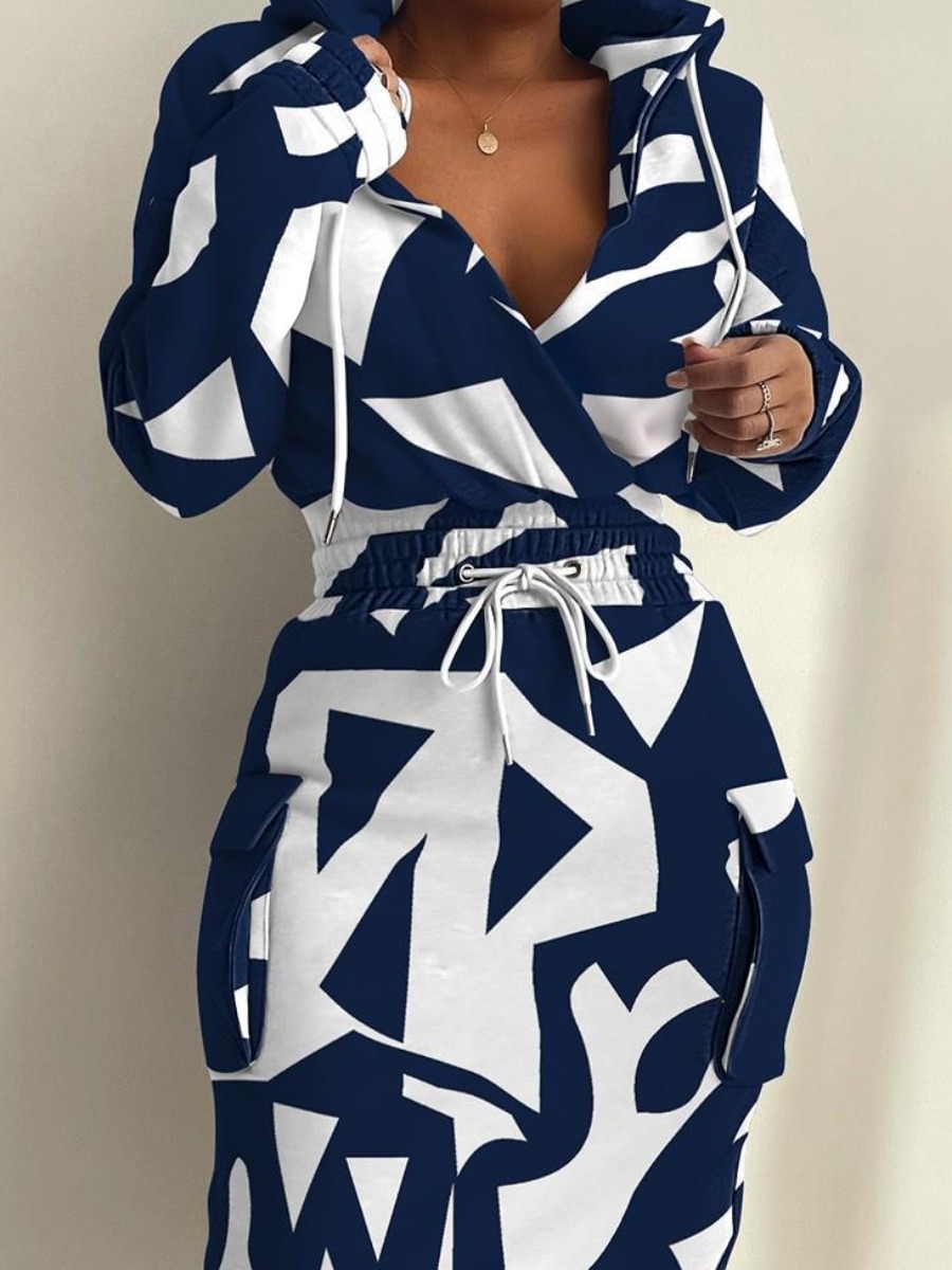 LW Geometric Print Side Pocket Drawstring Dress