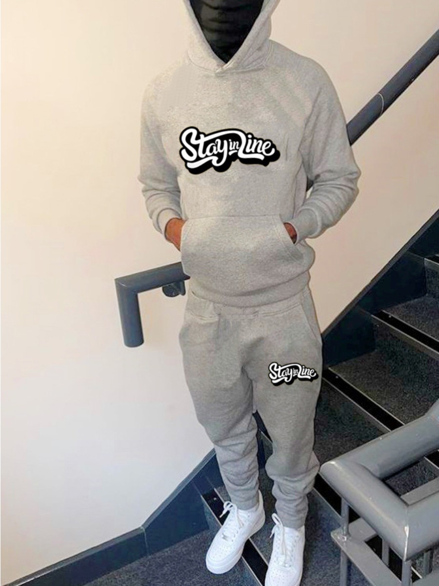 LW Men Letter Print Kangaroo Pocket Tracksuit Set