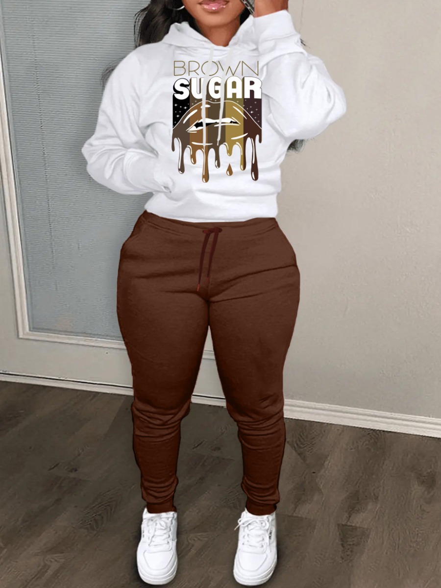 LW Plus Size Lip Letter Print Kangaroo Pocket Tracksuit Set