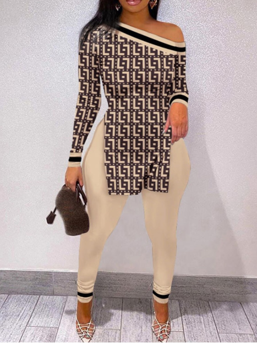 LW Geometric Print Striped Side Split Pants Set
