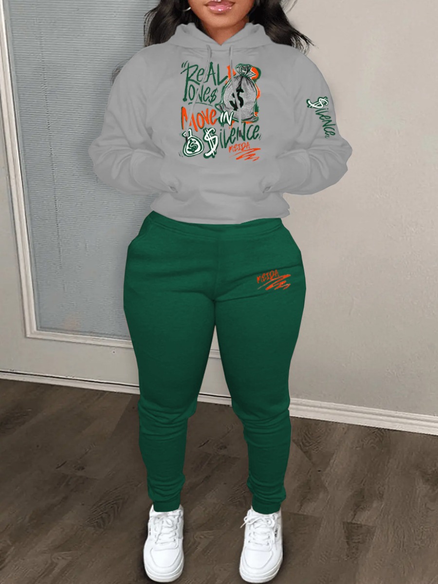 LovelyWholesale Plus Size Money Bag Letter Print Kangaroo Pocket Tracksuit Set Fall Long Sleeve Casual Hooded Collar  3X Spring Summer 2024