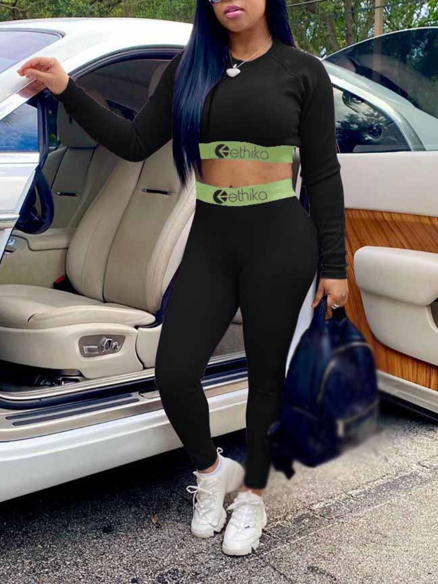 LW Crop Top Letter Print Skinny Pants Set