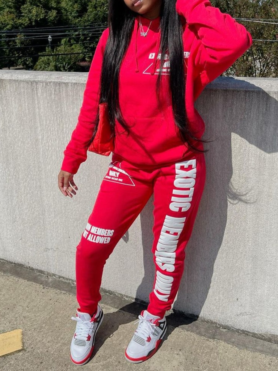 LW Geometric Letter Print Kangaroo Pocket Tracksuit Set