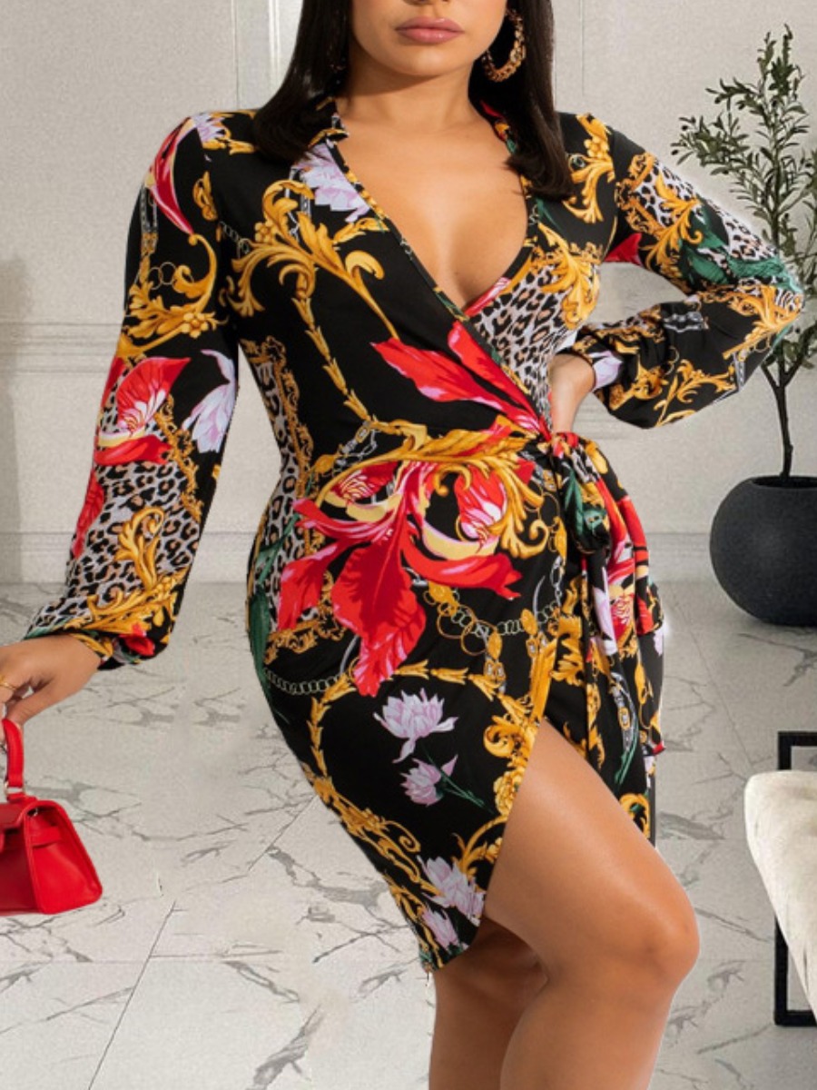 LW Plus Size Leopard Floral Print Wrapped Dress